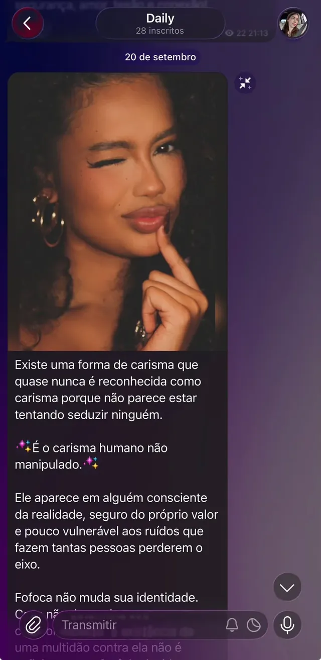 Mensagem do Daily de 20 de setembro, com foto: existe uma forma de carisma que quase nunca é reconhecida como carisma porque não parece estar tentando seduzir ninguém.